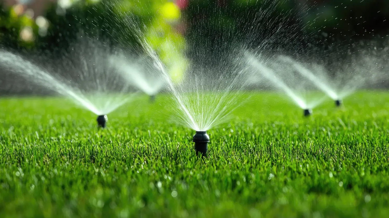 Automatische Sprinkler für effiziente Rasenbewässerung. Der Rasen wird im Sommer bewässert, ideal für die private Nutzung.